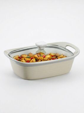 📷🔹️Corningware Etch Taupe 2.5-Quart Oblong Stoneware Baking Dish w/Glass Lid